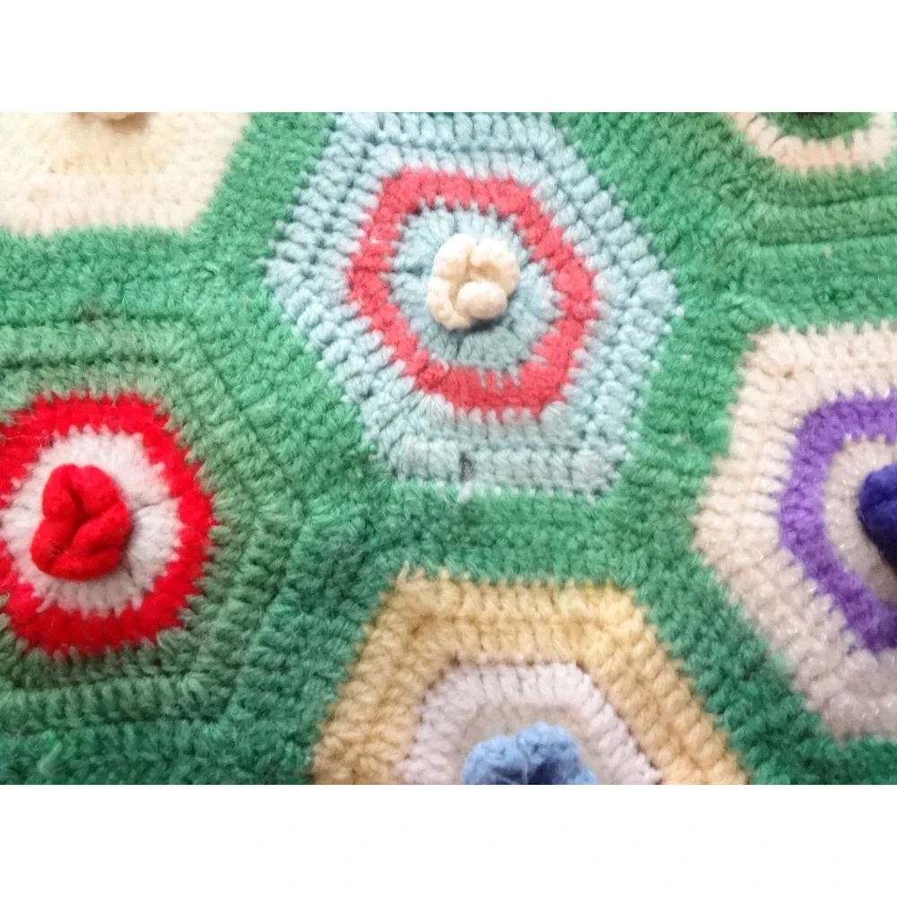Handmade Crochet Afghan Blanket Green Good Hexagon Popcorn Fringe